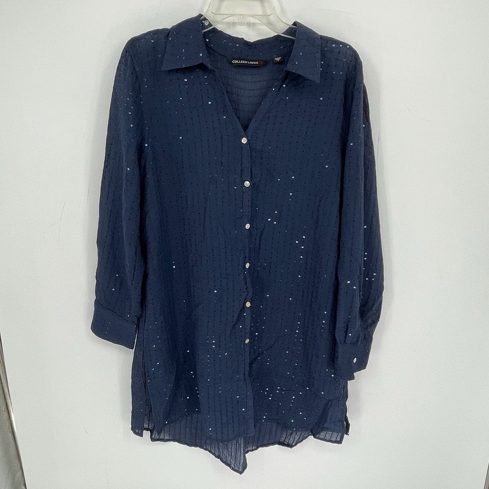 Colleen Lopez Women's Blue Sequin Textured Collared Button Front Tunic Size M
